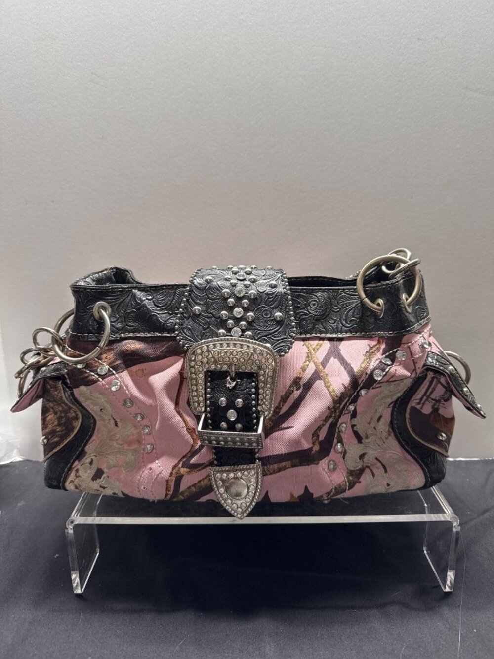 Western Pink Black Camouflage Handbag Rhinestone Studded Buckle Faux Tooled Leat